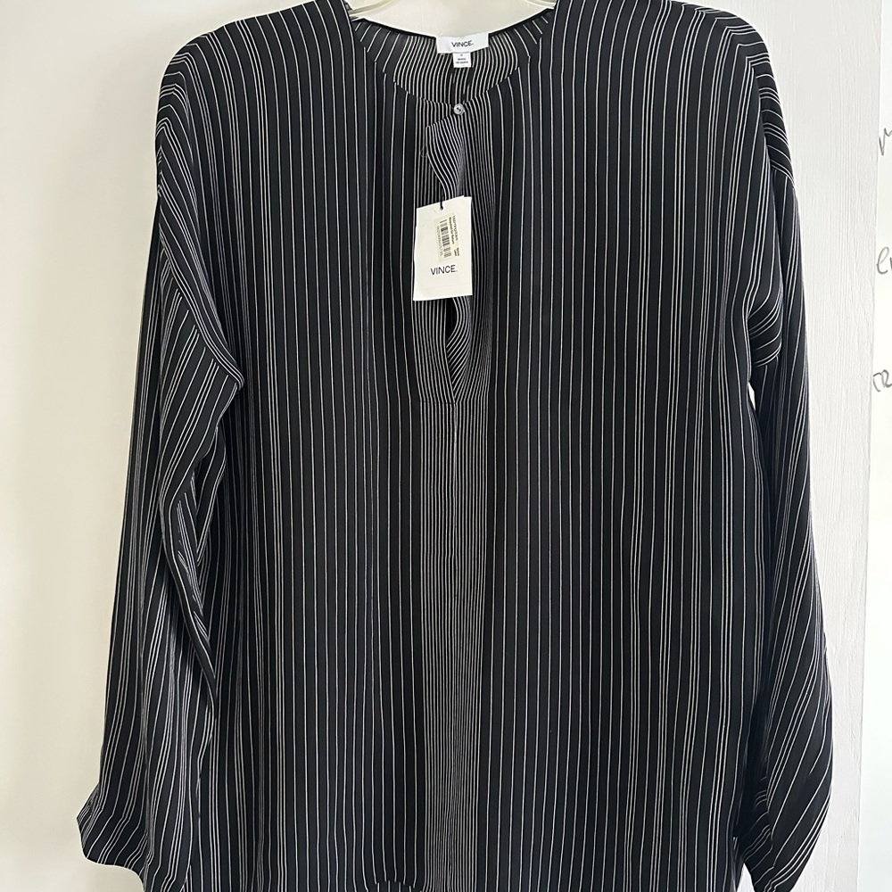 Vince Black Boxy Blouse with Mandarin Collar